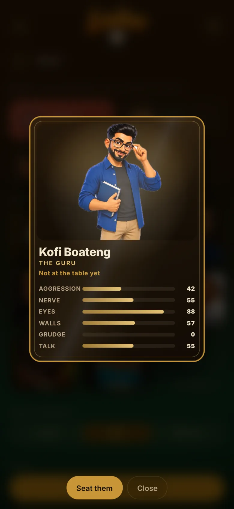 The character card for Kofi Boateng, The Guru, with play-style stat bars