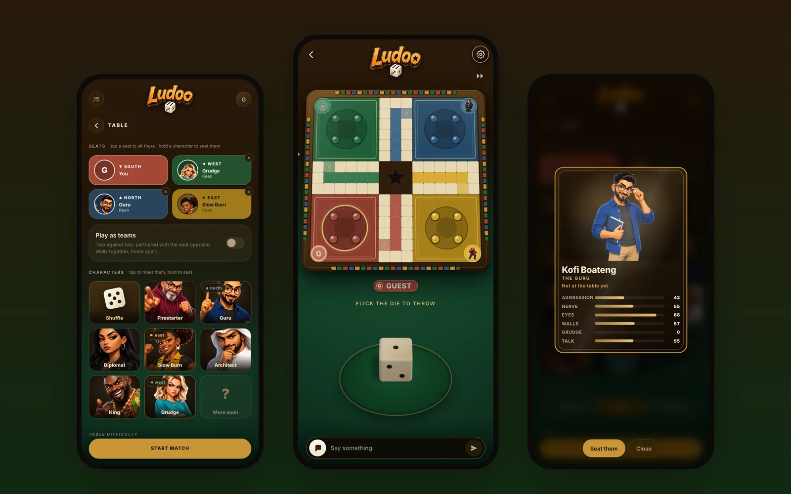 Ludoo on three phones: the table setup, a match in play and a character card
