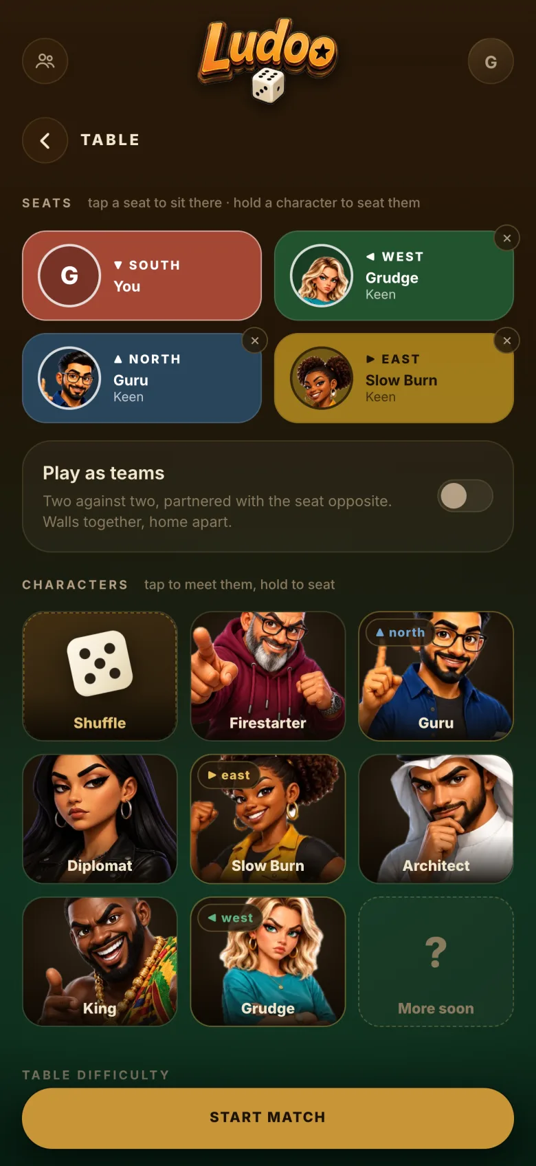 Table setup with four seats filled by AI characters and a teams toggle