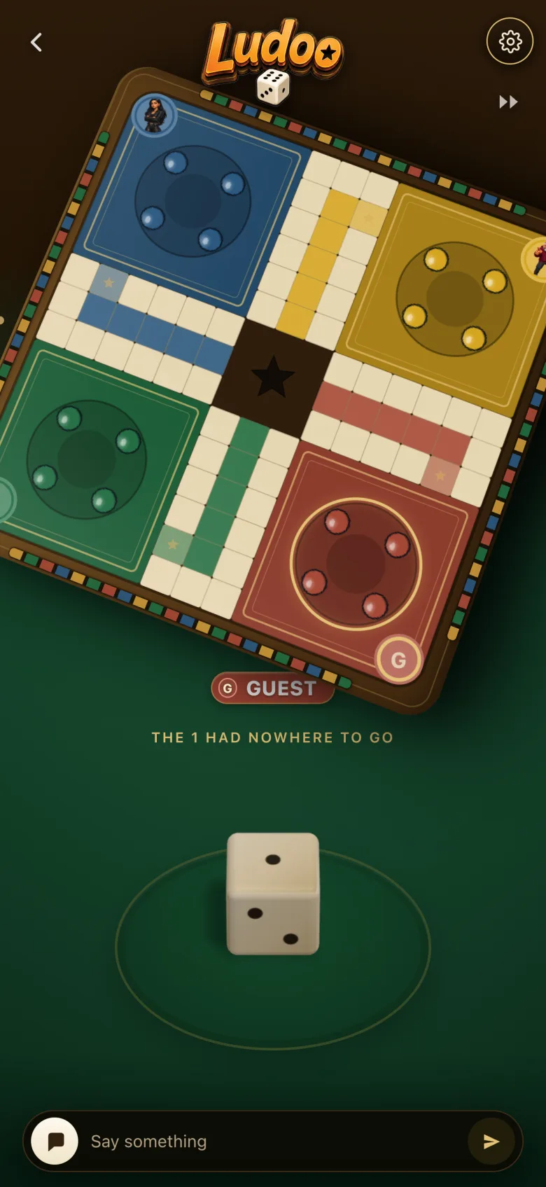 A match with the board turned to the current player and a message that the 1 had nowhere to go