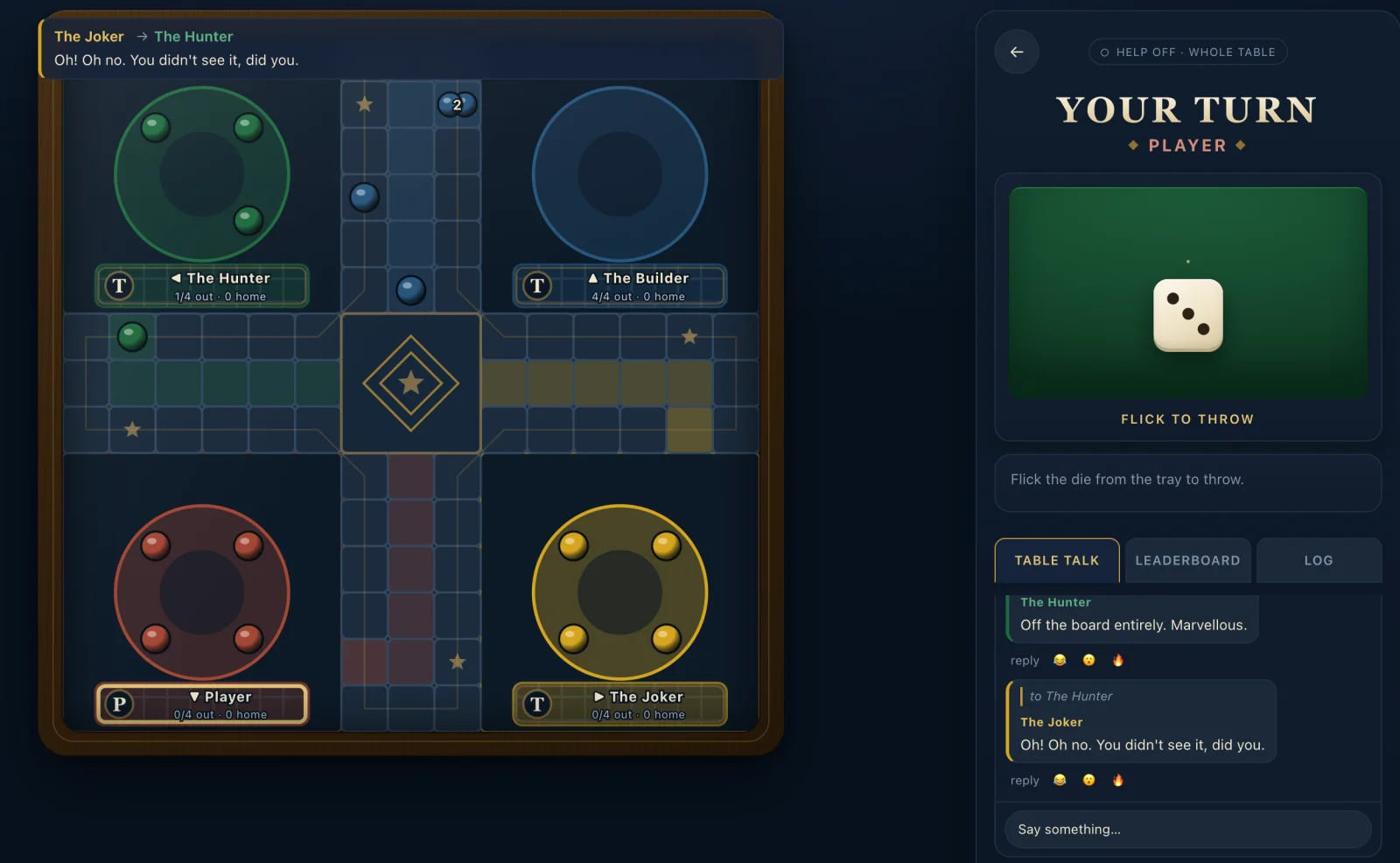 A Ludoo match in play: the board, a thrown die and the AI characters talking