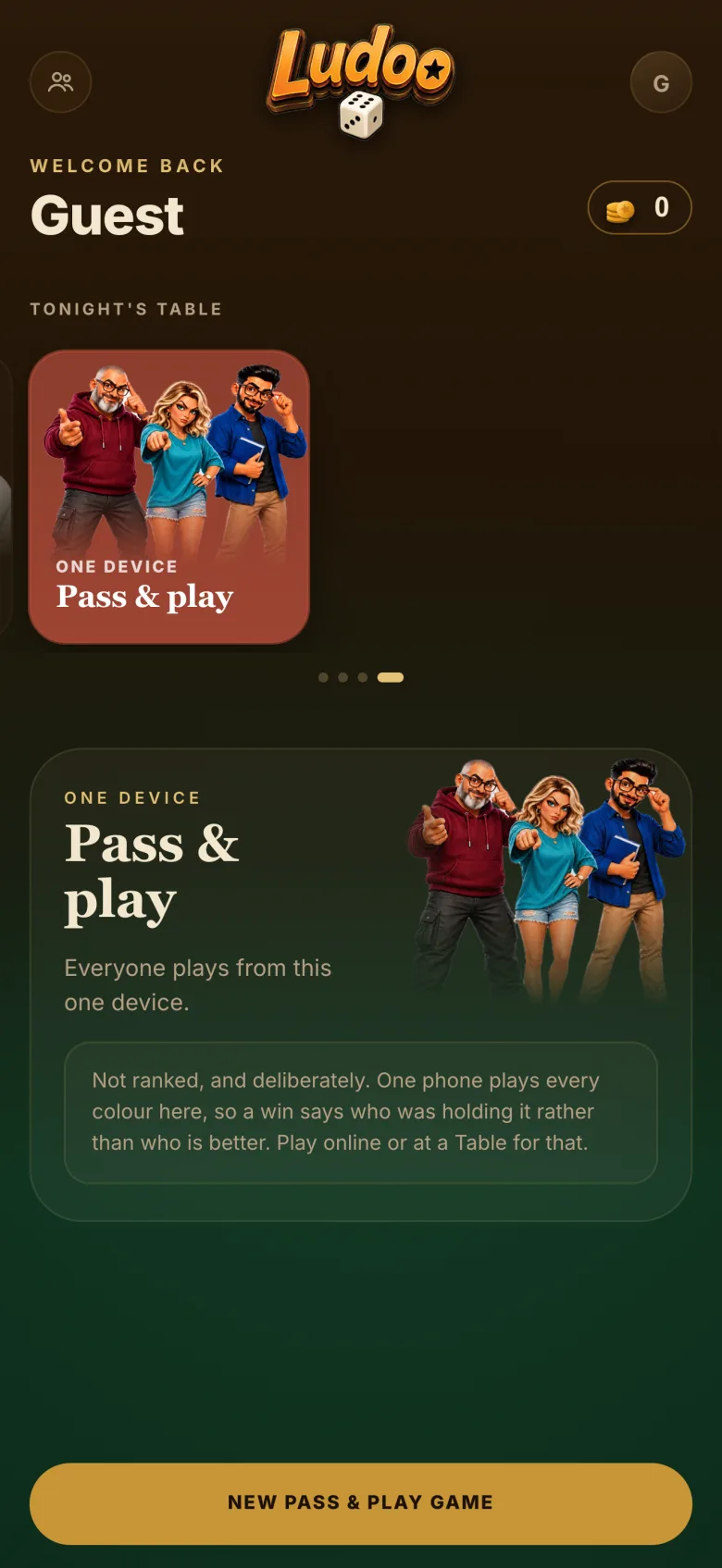 The home screen on the pass and play card, noting it is not ranked