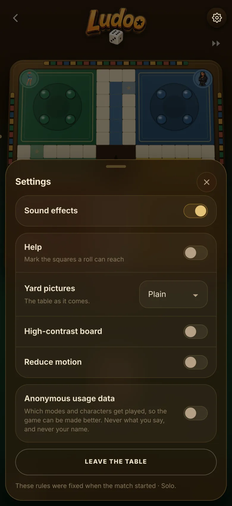 In-match settings: sound, move hints, high-contrast board and reduced motion