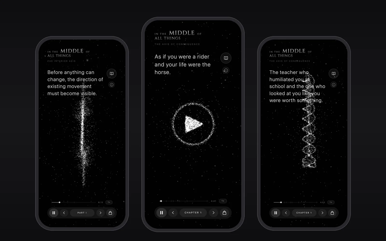 In the Middle of All Things on three phones: particles forming an axis, a play symbol and a helix
