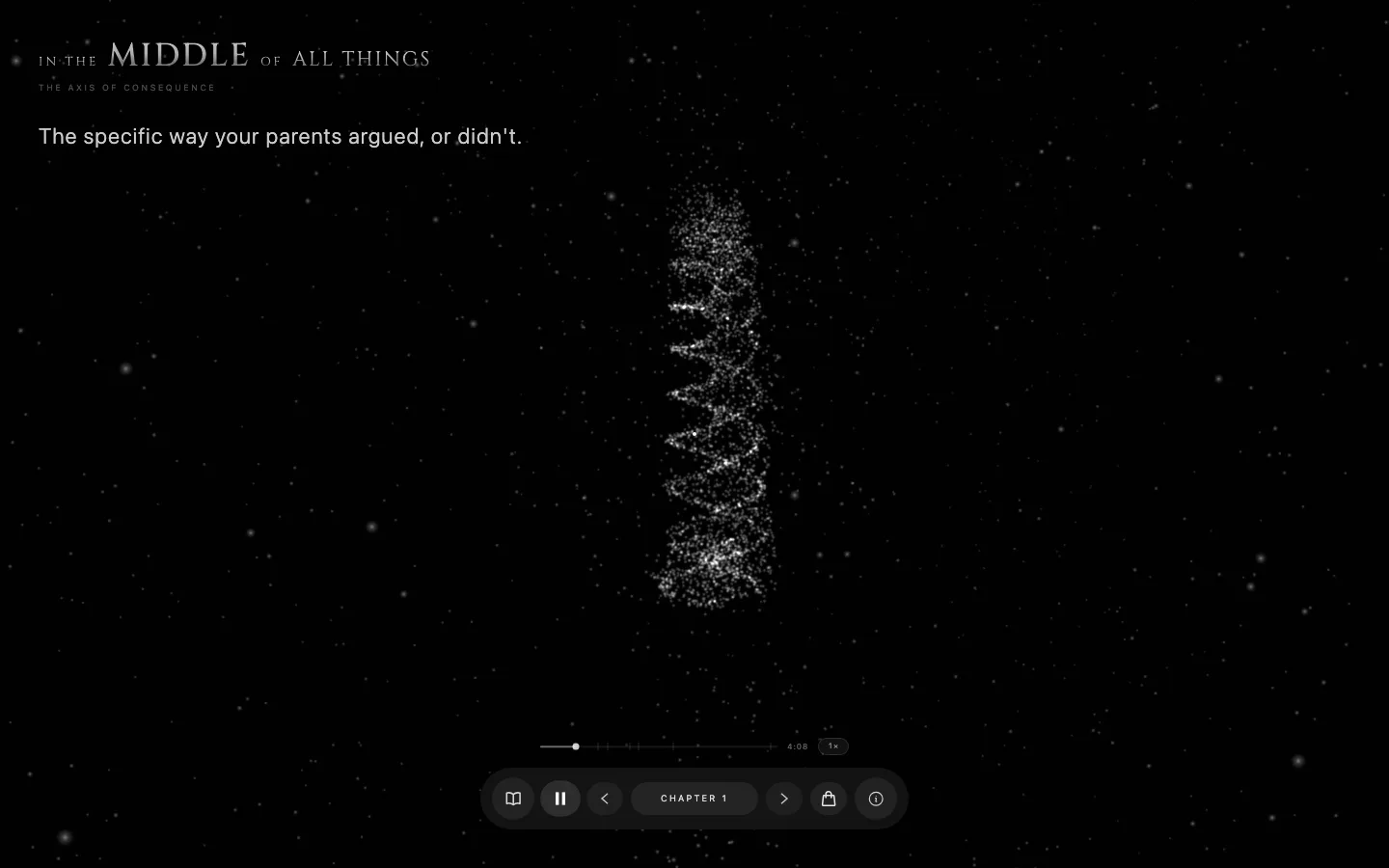 On desktop: a helix of particles under the line about how your parents argued