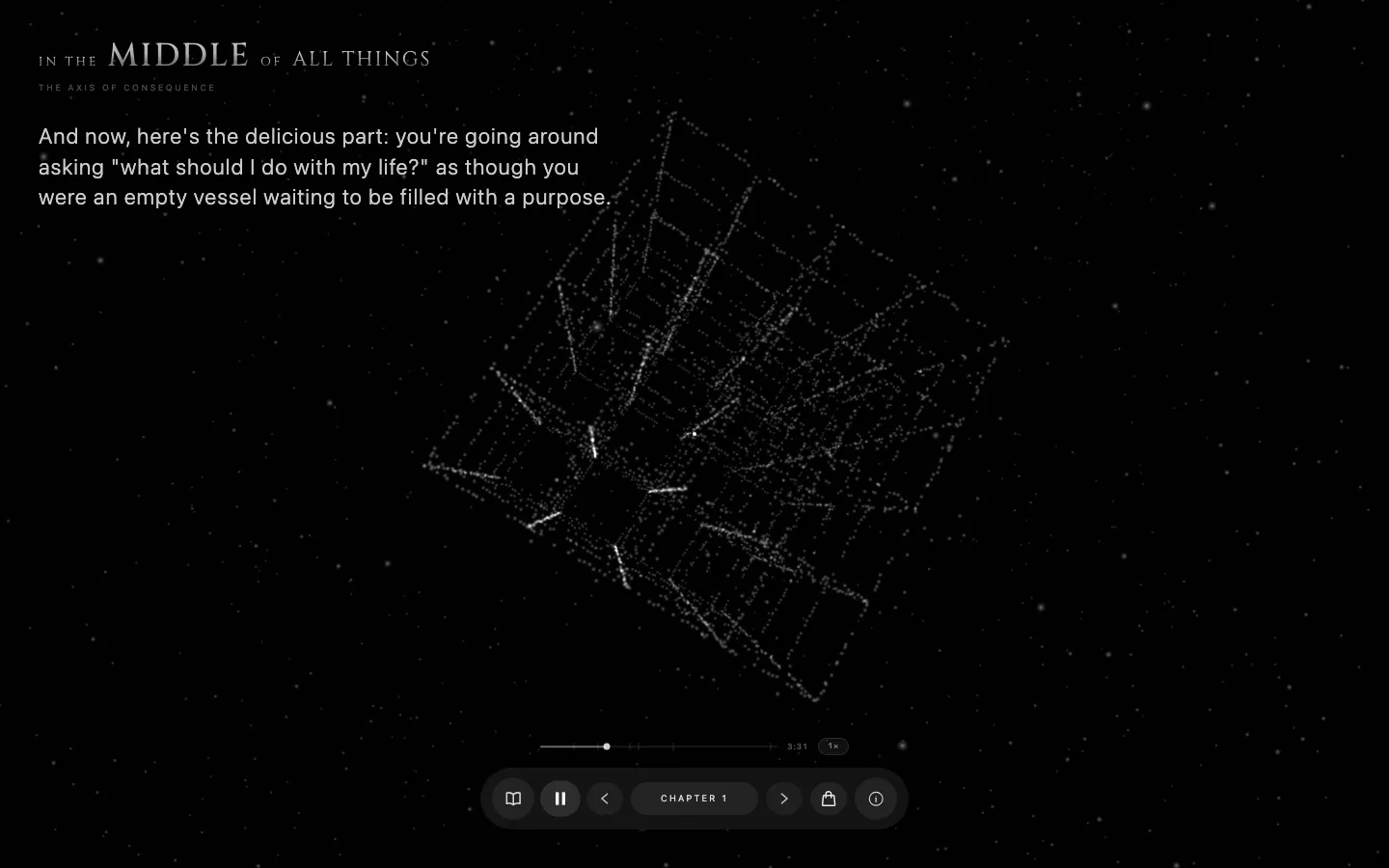 On desktop: a rotating lattice of particles beside a line of narration