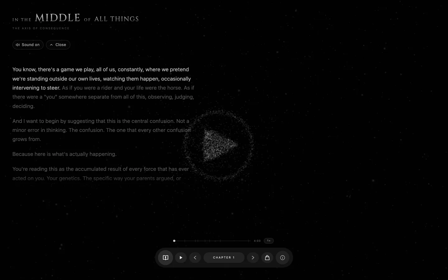 Read-along open on desktop: the current paragraph lit as the narration reaches it