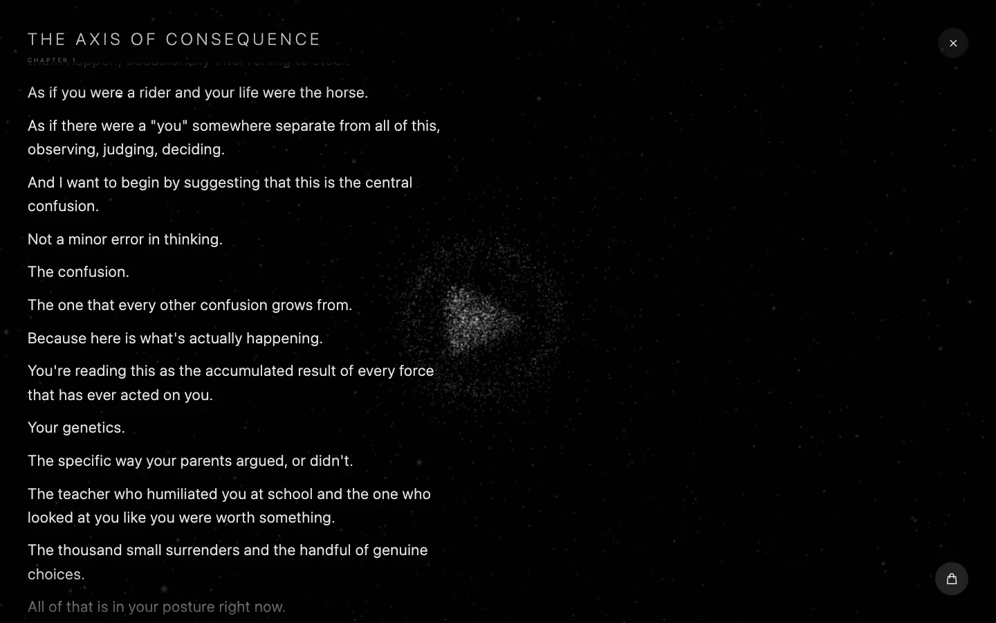 The full book reader on desktop, opened at The Axis of Consequence