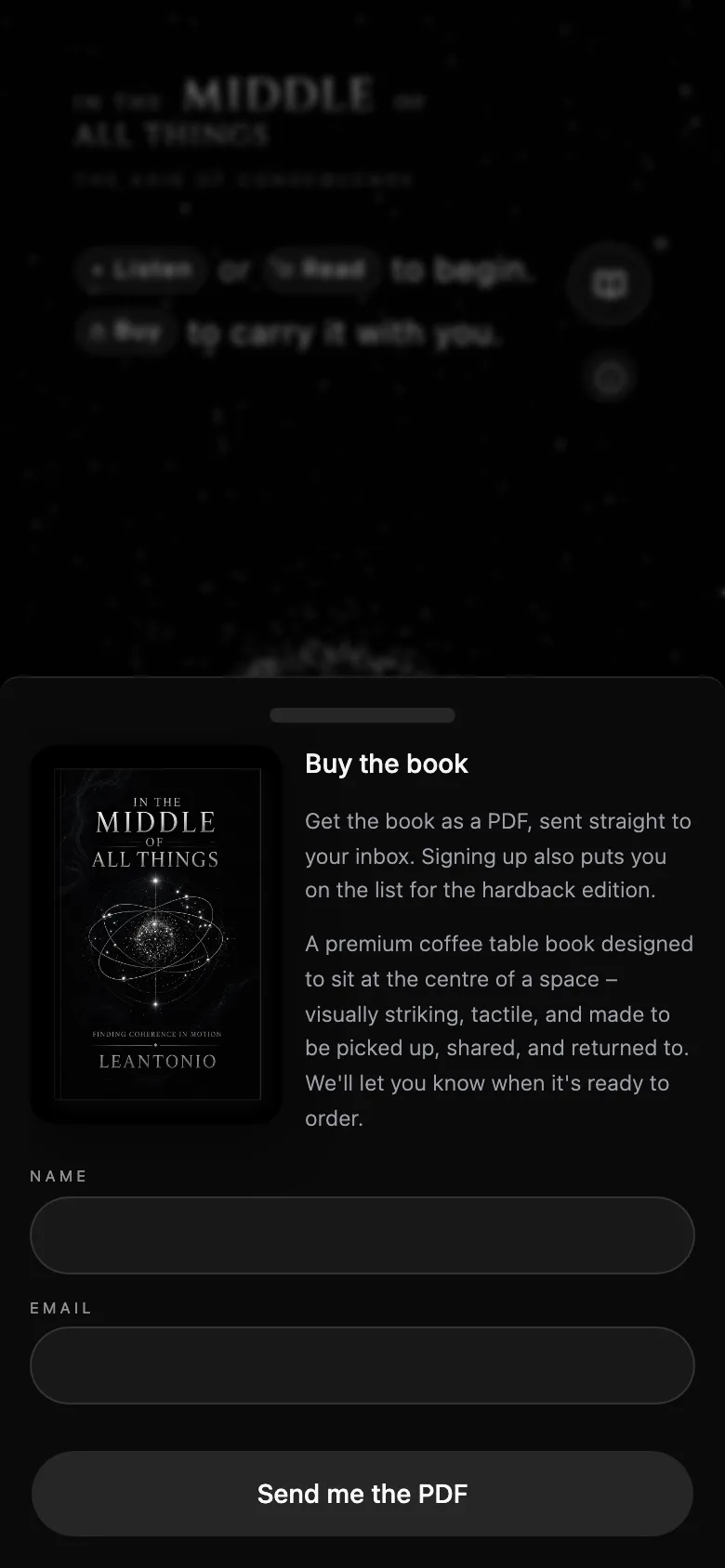 The buy sheet on a phone: the book cover and a form to get the free PDF