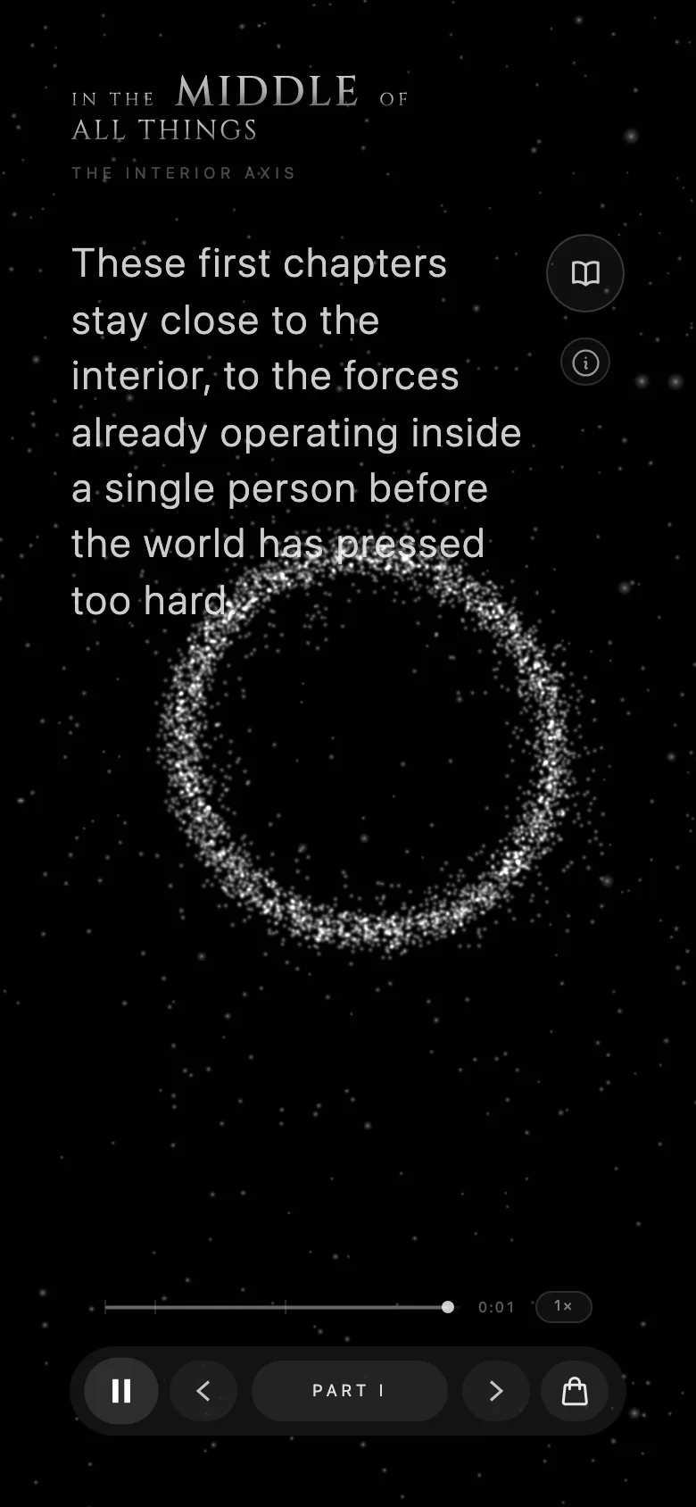 On a phone: a ring of particles under the introduction to Part One
