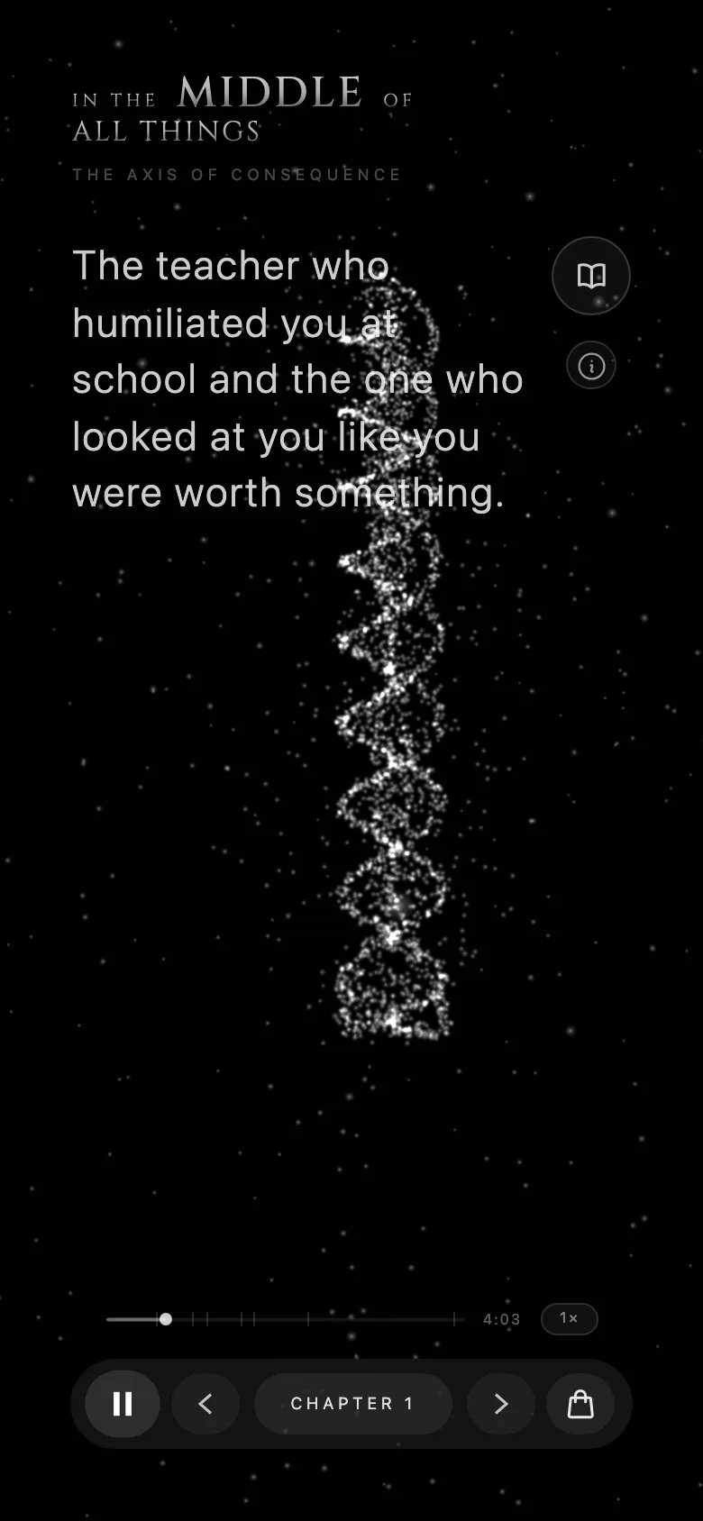 On a phone: a double helix of particles beside a line about the people who shaped you