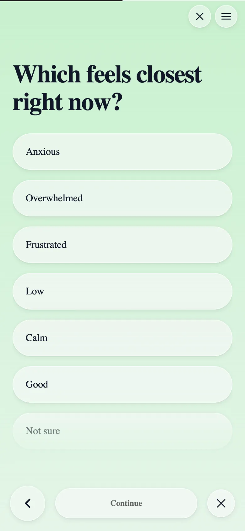 The daily check-in screen asking which feeling is closest right now
