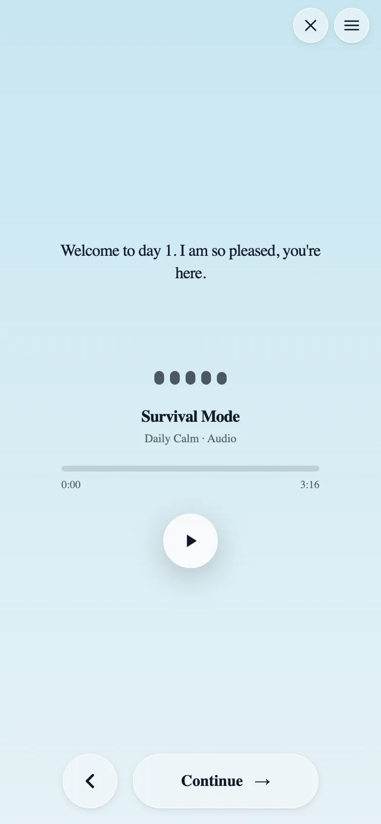 A Daily Calm audio session titled Survival Mode, playing in the app