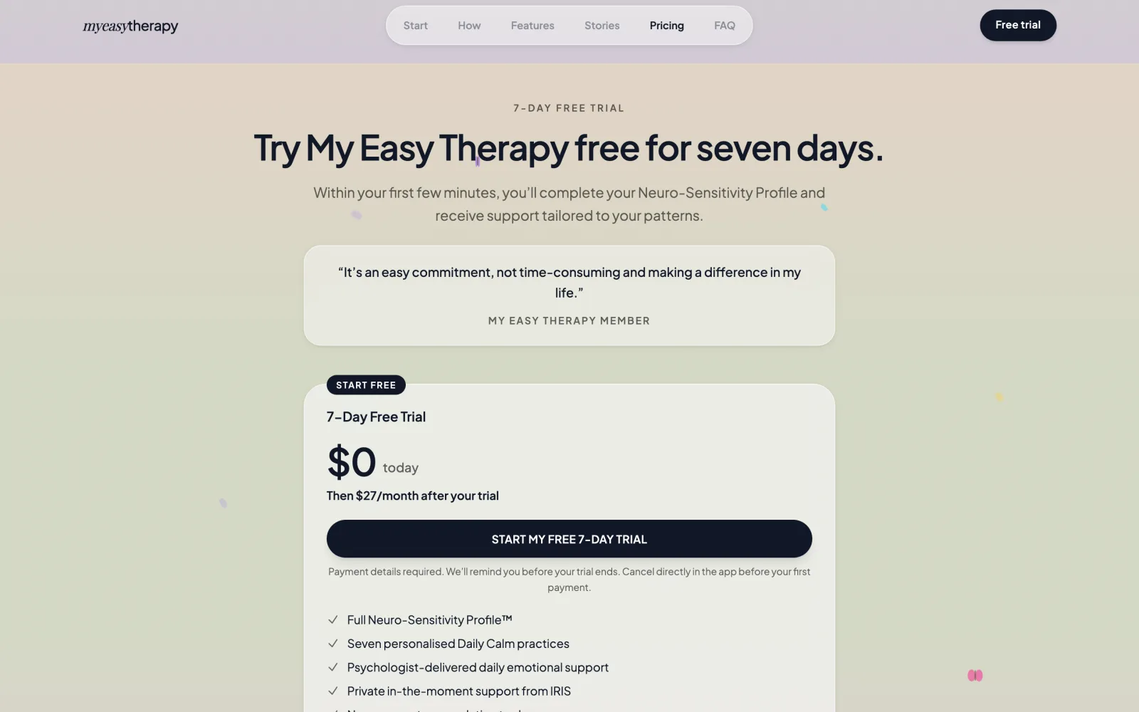The join page offering a seven-day free trial of My Easy Therapy