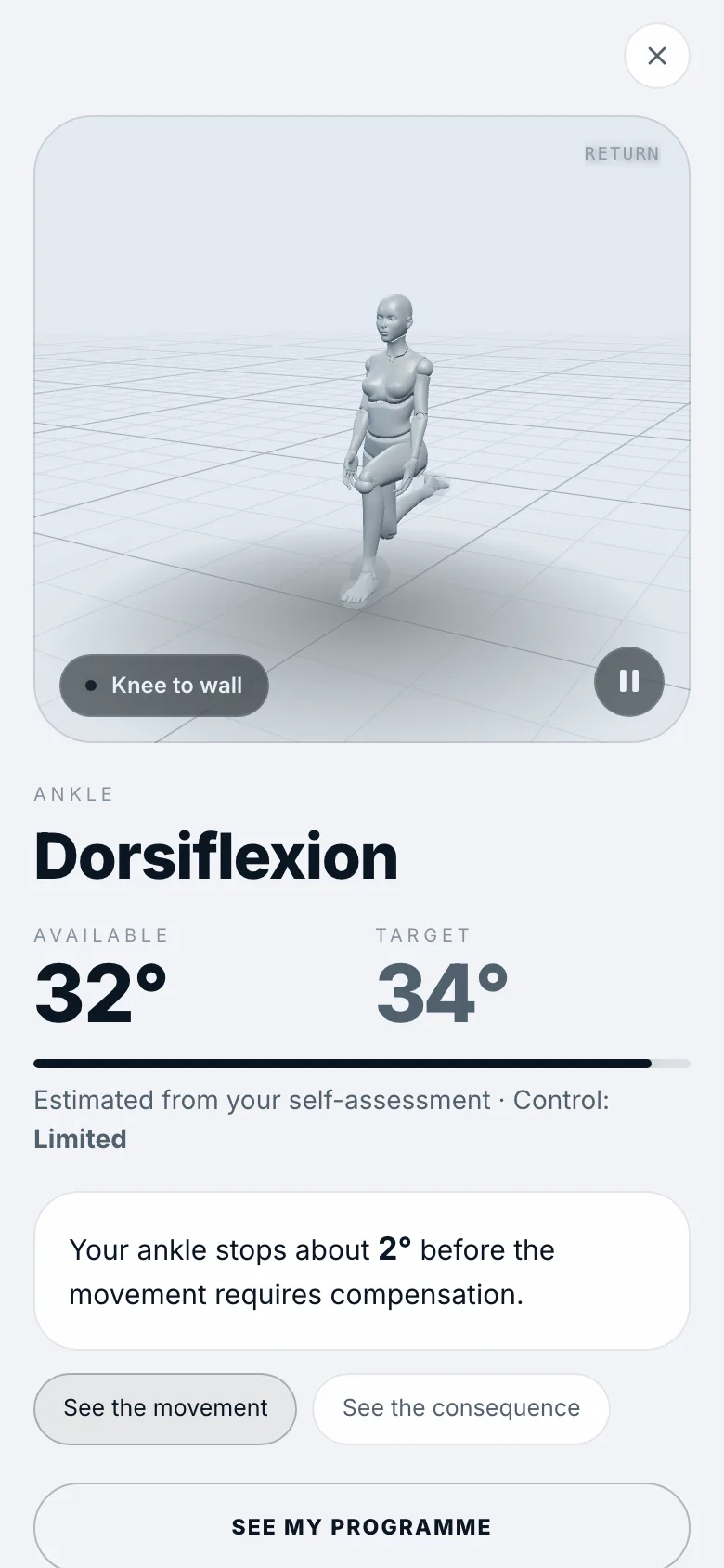 Ankle detail: the figure doing a knee-to-wall test, 32 degrees available against a 34 degree target
