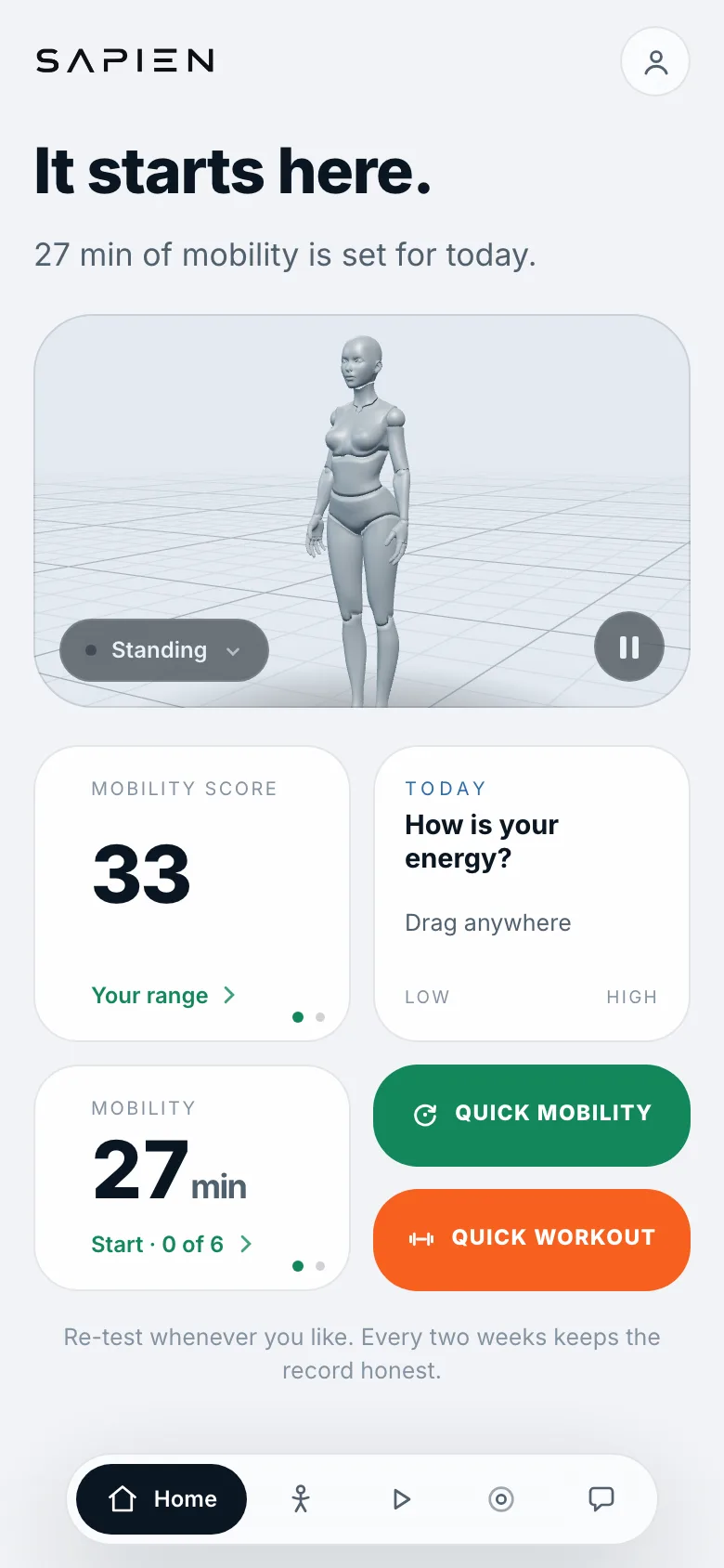 The Sapien home screen: a 3D figure, a mobility score of 33 and today's session