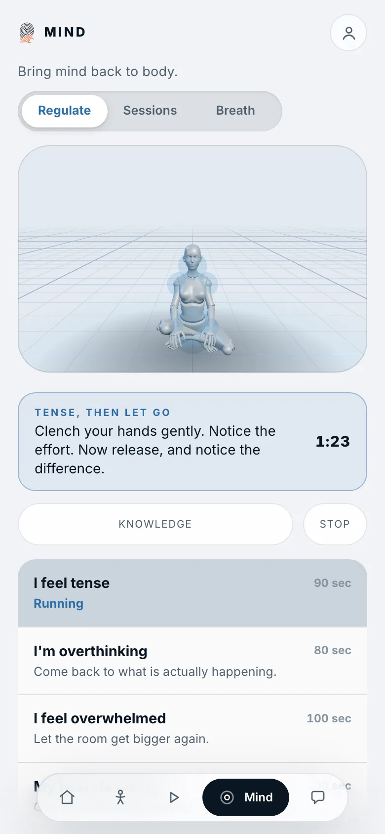 Mind: a seated figure guiding an I feel tense reset, with a 1:23 timer