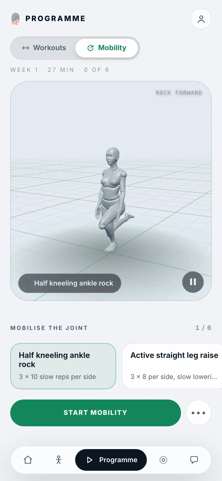 The programme's mobility tab: week one, a half-kneeling ankle rock on the figure