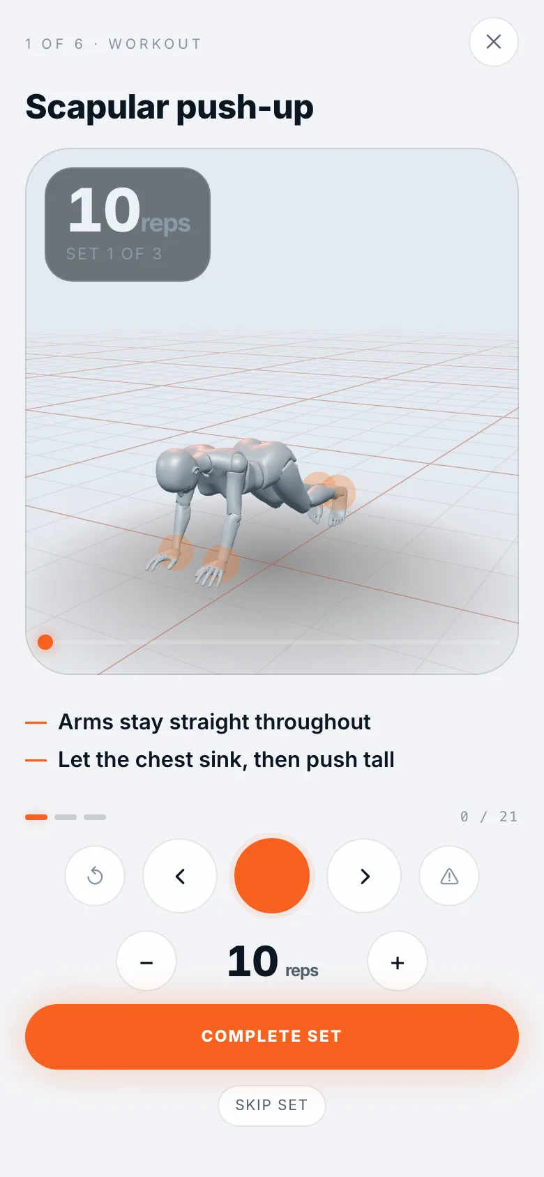 The Sapien session player: a 3D figure doing a scapular push-up, 10 reps, set 1 of 3