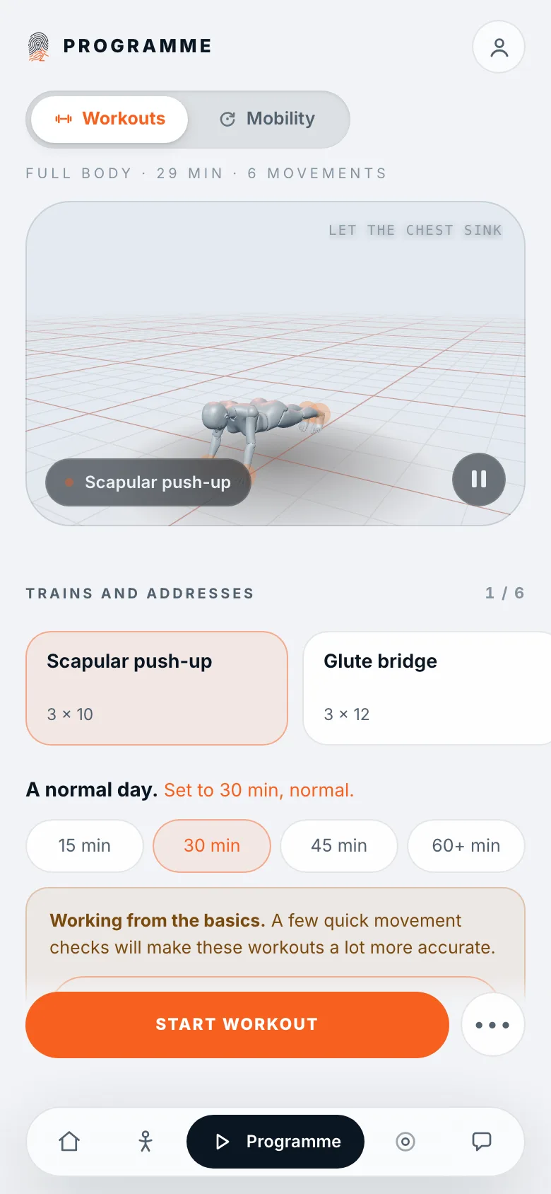The programme's workouts tab: a 29 minute full body session with six movements