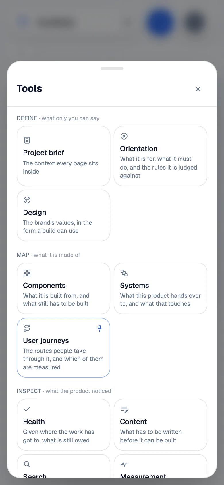 The tools sheet on a phone: brief, orientation, components, systems, journeys and health