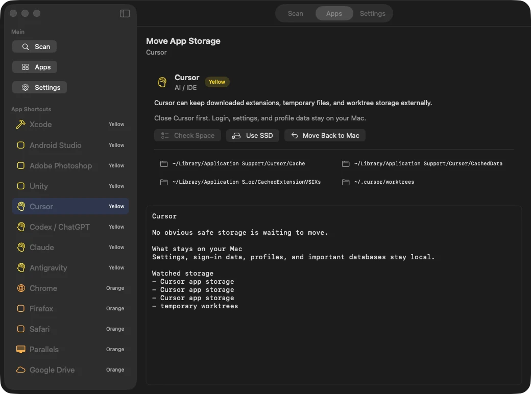 Cursor's storage page with Use SSD and Move Back to Mac buttons and the folders it watches