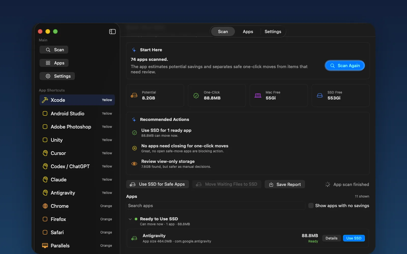 The ScratchManager scan window: 74 apps scanned and 8.2 GB of potential savings
