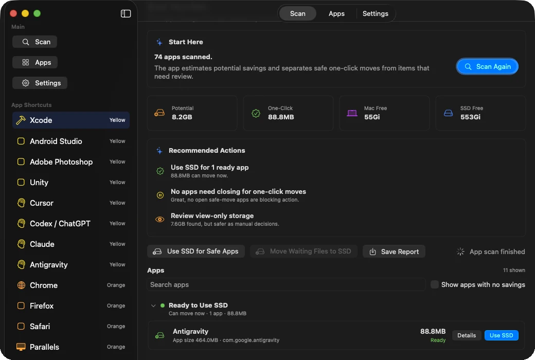 The ScratchManager scan: 74 apps scanned, 8.2 GB of potential savings and recommended actions