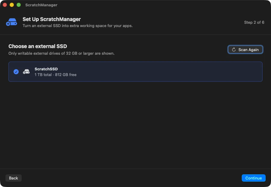 Setup step two: choosing which external SSD to use