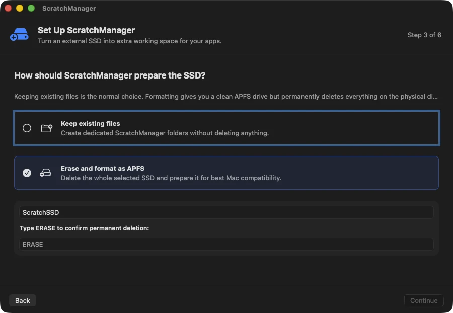 Setup step three with erase selected: type ERASE to confirm, and Continue stays disabled