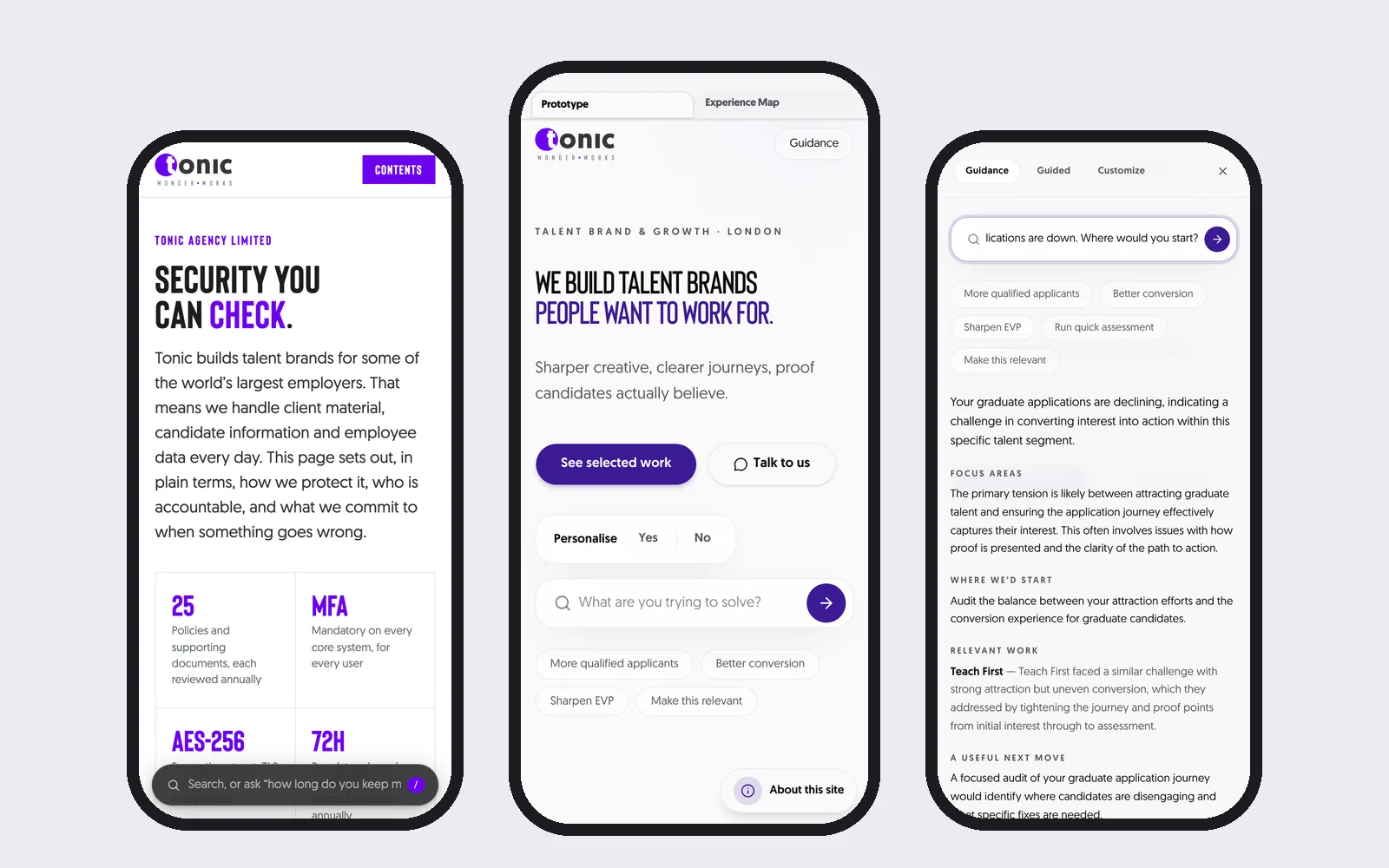 Tonic's new website on three phones: the Trust Centre, the homepage and the assistant answering a question