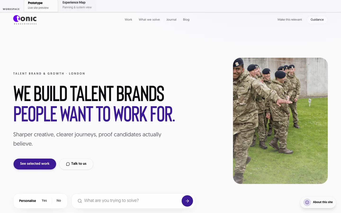 The Tonic website prototype: We build talent brands people want to work for, with a question bar under the hero