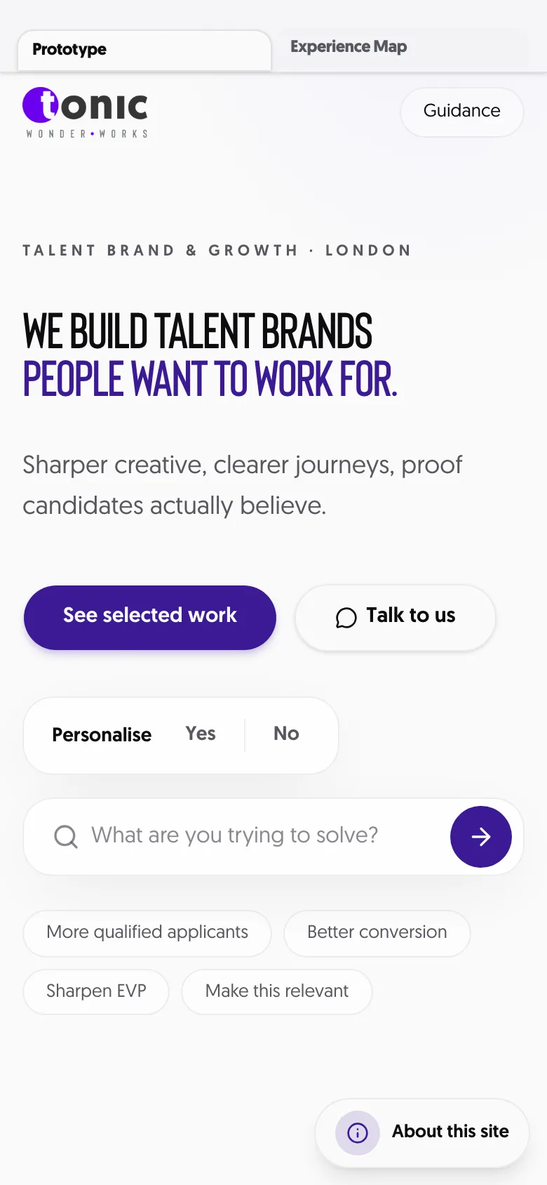 The Tonic website on a phone, with Personalise yes or no and the question bar