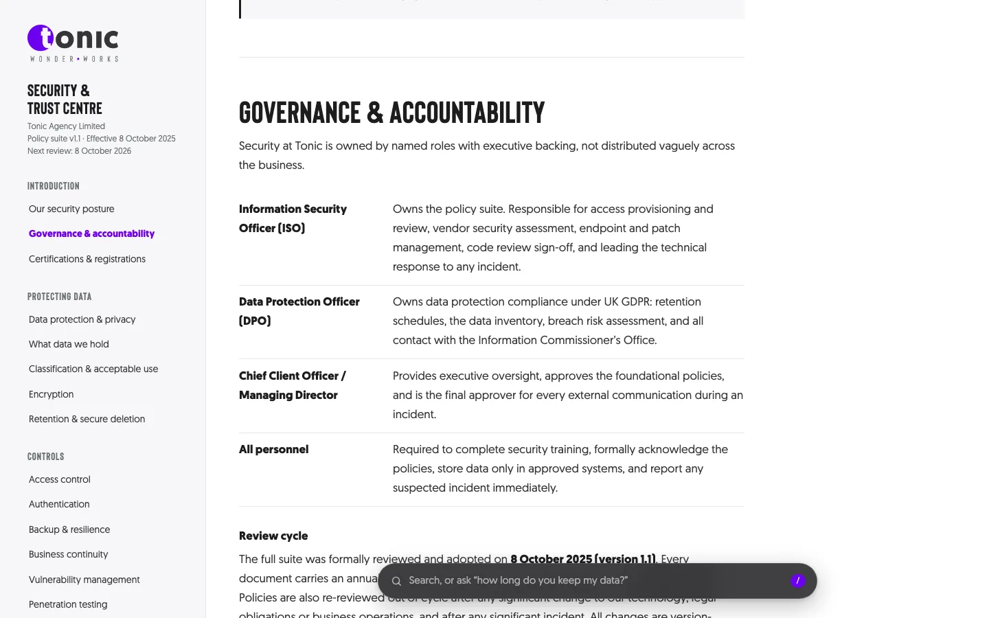 Governance and accountability: named owners for security, data protection and every policy