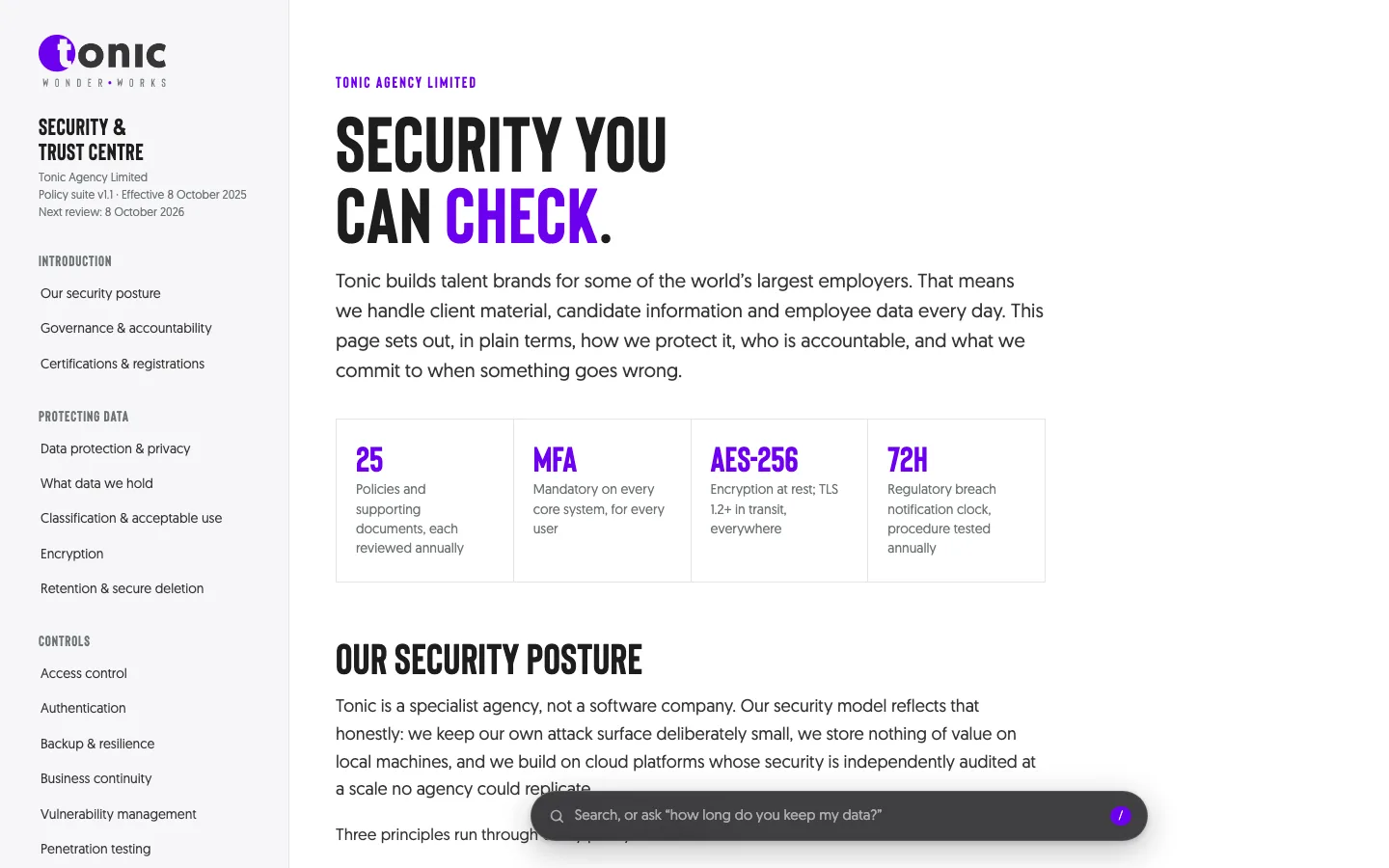 The Tonic Security and Trust Centre: security you can check, 25 policies, MFA, AES-256 and 72 hour breach notice